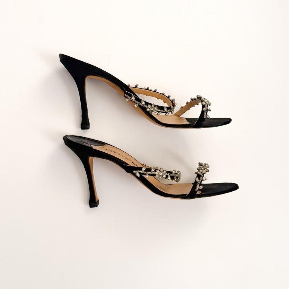 Manolo Blahnik crystal embellished black satin heels sandals IT 37 US 7 vintage - Picture 5 of 8
